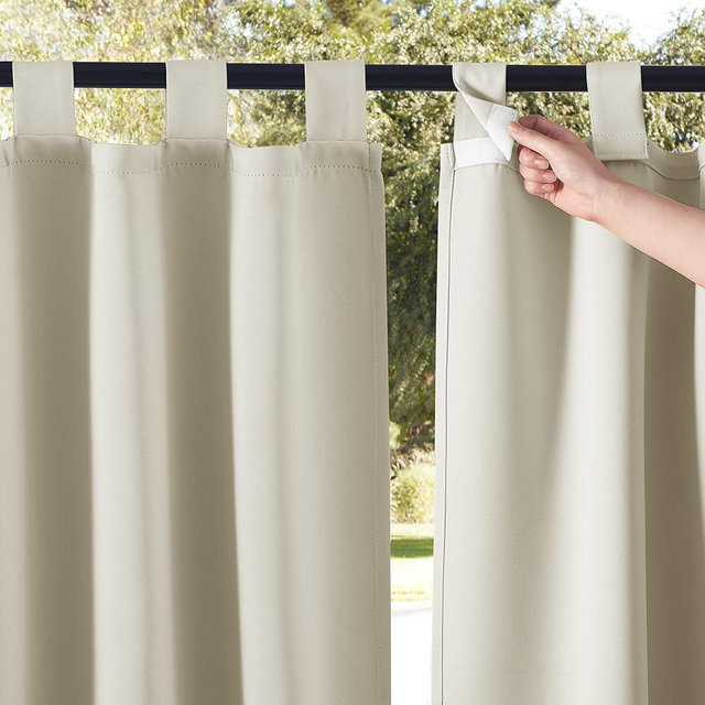 NICETOWN 2 Pieces Outdoor Curtainss Waterproof for Patio Clearance, Room Darkening Sticky Tab Top Thick Light Block Thermal Insulated Outdoor Drapes for Front Porch, Beige, W52 by L95