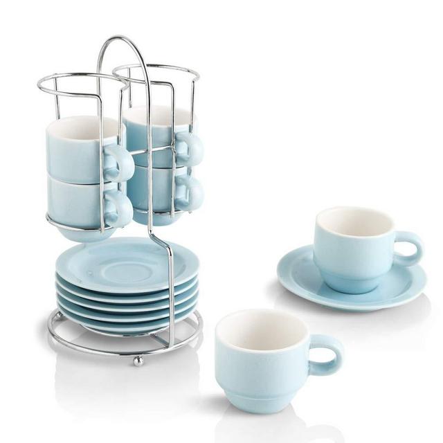 KOOV Porcelain Stackable Espresso Cups Set, Coffee Set with Saucers and Metal Stand, 2.5 Ounce Coffee Cup Set of 6 (Pale Blue)