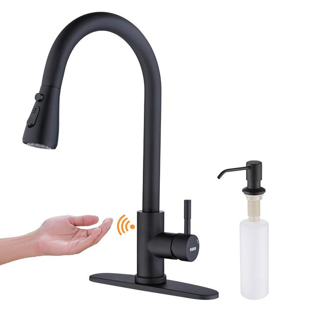 Keer Touchless Kitchen Faucet with Pull Down Sprayer, Motion Sensor Kitchen Faucet with Kitchen Soap Dispenser, Single Kitchen Faucet Pull Out Faucet,Matte Black