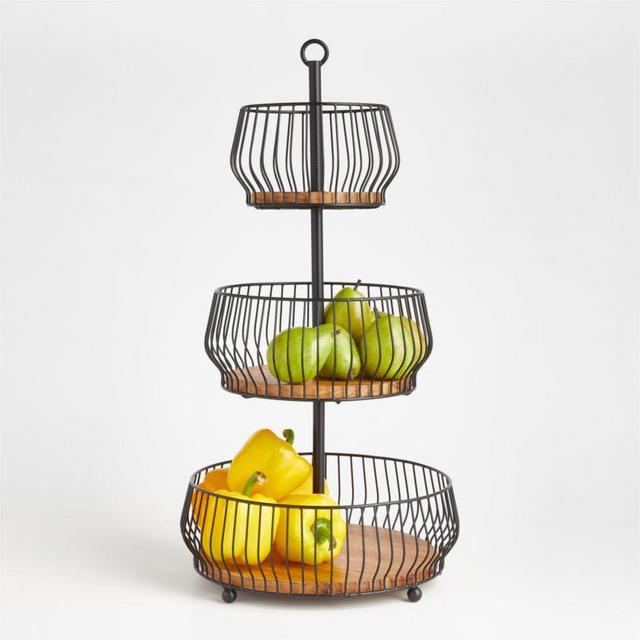 Cora Acacia Wood Black 3-Tier Fruit Basket