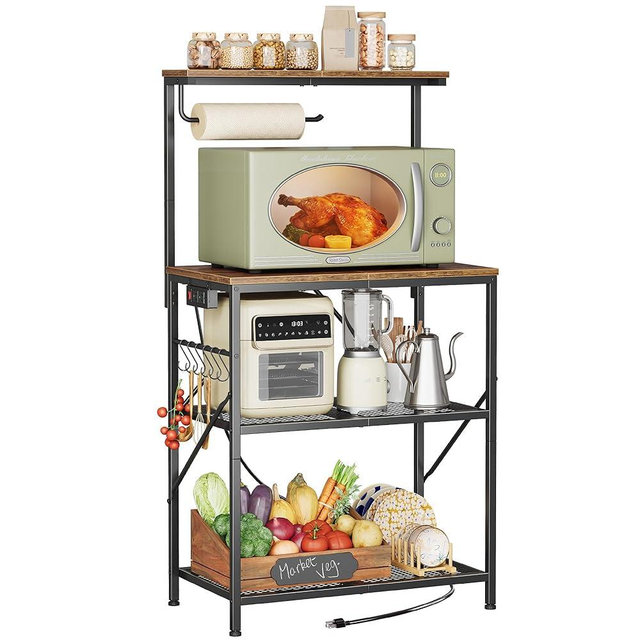 Huuger 4-Tier Bakers Rack with Reversible Power Outlet, 23.6 Inch Microwave Stand, Kitchen Coffee Bar, with Top Shelf, 6 S Hooks, Rustic Brown