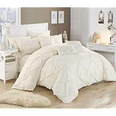 Chic Home 10 Piece Hannah Pinch Pleated, ruffled and pleated complete Queen Bed In a Bag Comforter Set Beige With sheet set