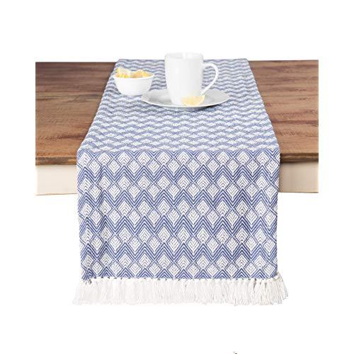 Sticky Toffee Cotton Woven Table Runner with Fringe, Scalloped Diamond, Blue, 14 in x 72 in