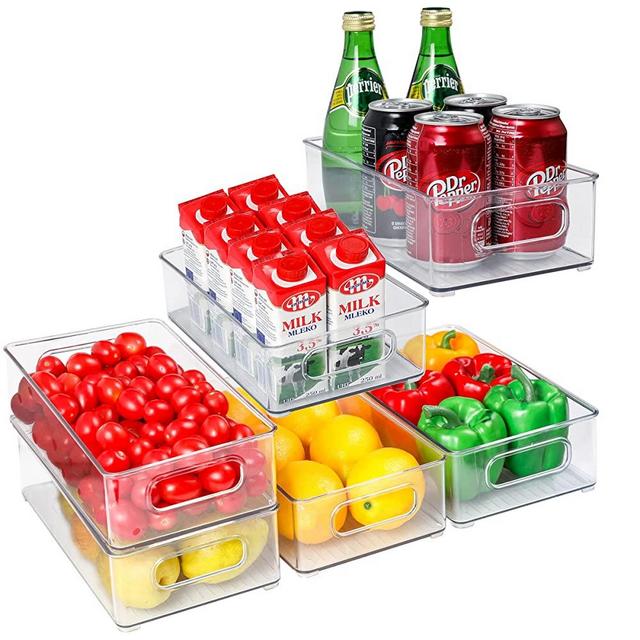 Set of 6 Refrigerator Organizer Bins, Stackable Plastic Food Storage Bins, Plastic Pantry Cabinet with Cutout Handles for Freezer, Kitchen, Countertops, Cabinets - Clear BPA Free Food Storage Rack