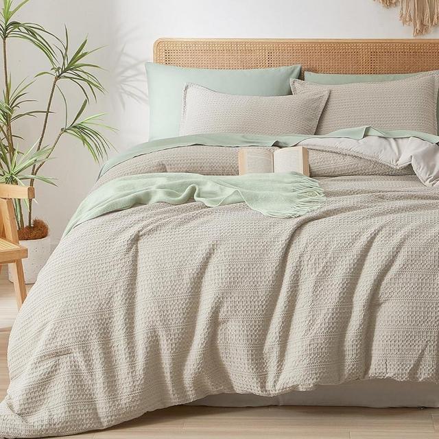 PHF Soft Waffle Comforter Set Queen Size- 3 Pieces Waffle Weave Comforter with 2 Pillow Shams, Lightweight Breathable Comfy Bedding Set for All Season, Natural/Linen
