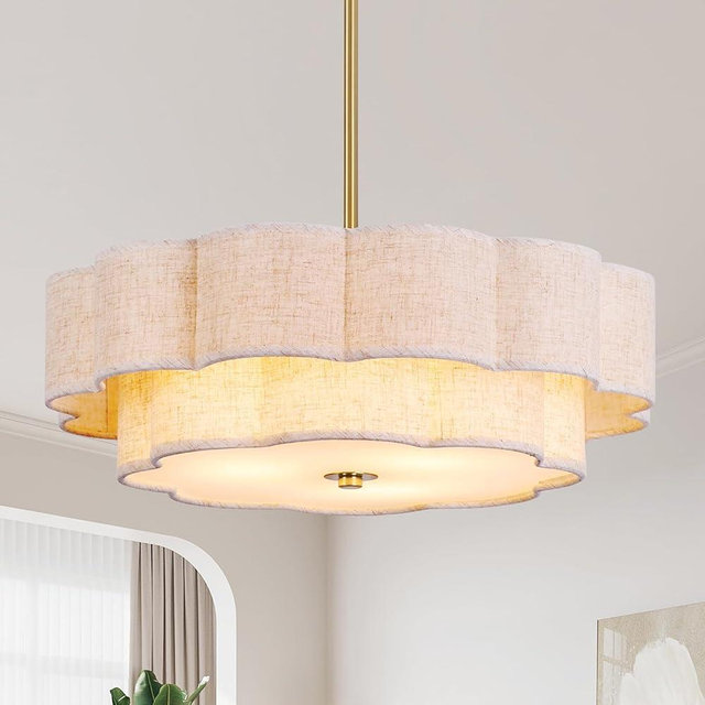 Prayou 17.7" Modern Drum Chandeliers, 3-Light Pendant Light Fixture with E26 Bases, 2-Layer Flower Fabric Shade Chandeliers for Dining Room, Bedroom, Living Room, Kitchen, Foyer