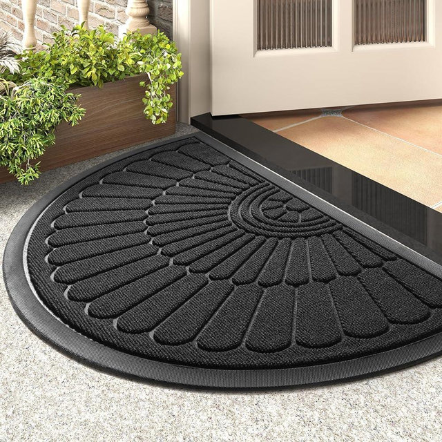 Door Mat Outdoor Indoor Entrance Doormat-Semicircular Durable Rubber Non Slip Front Door Mat for Outside Inside Entry Entryway Dirt Trapper Welcome Mat for Muddy Paws and Shoes-Black 17”x30”