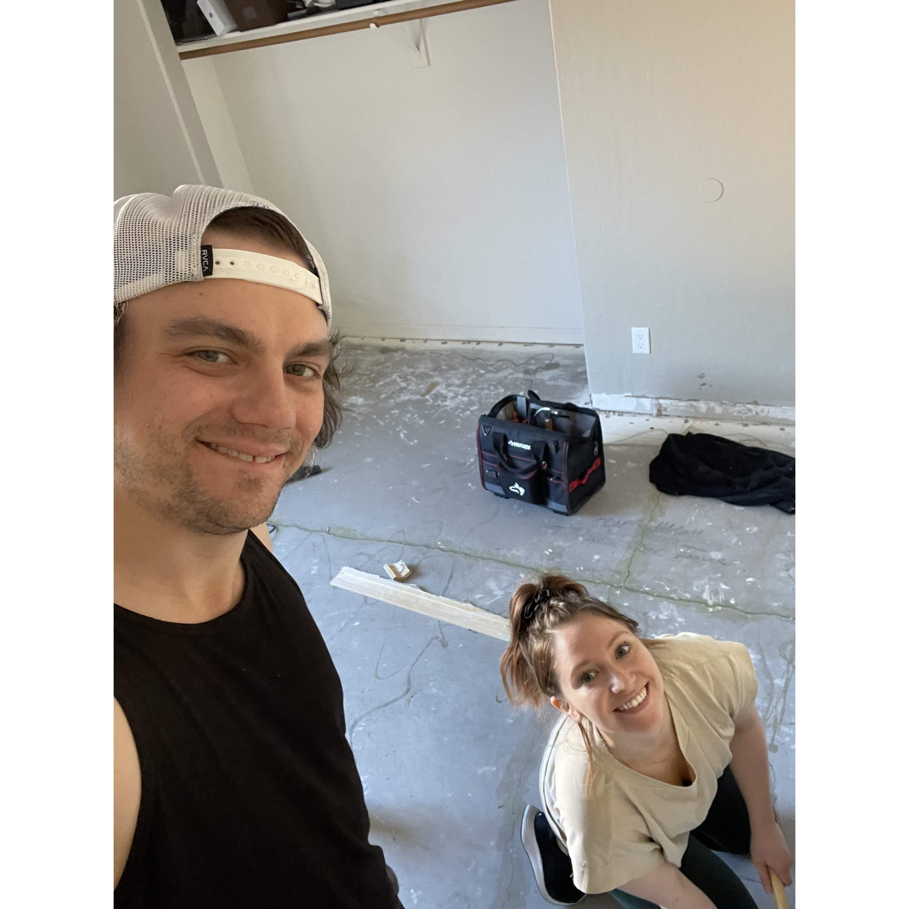 5. The moment we found we made a great team. First home project re-flooring and painting the new sound room.