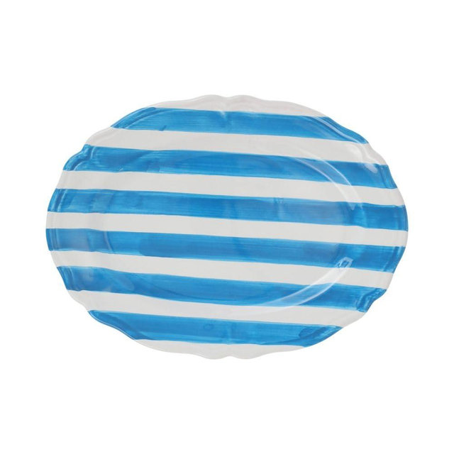 Vietri Amalfitana Aqua Stripe Oval Platter, Earthenware Steak Salad Dessert & Snack Serving Plate