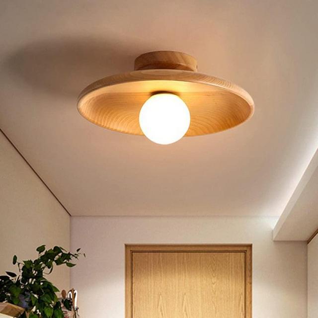 BAYCHEER Shallow Bowl Shaped Ceiling Lamp Minimalist Wooden Semi Flush Mount Light 1 Bulb Ceiling Light for Corridor Hallway, Wood Color