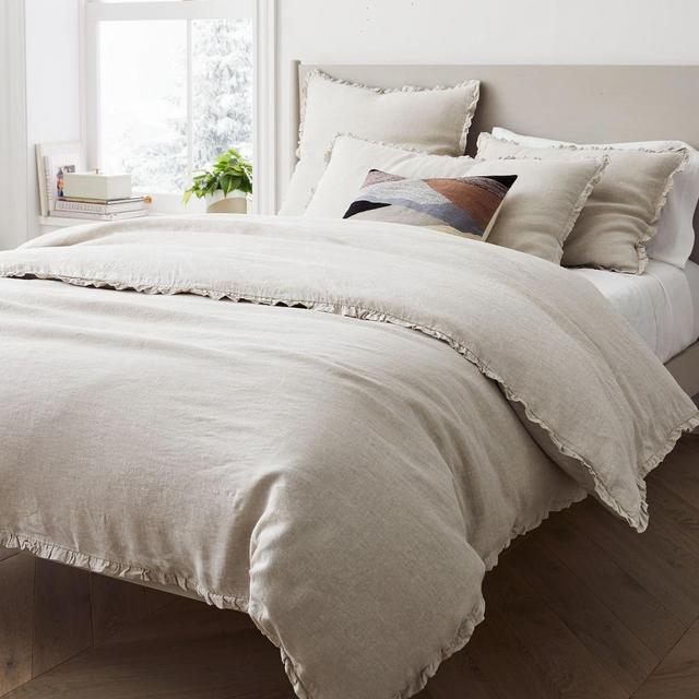 European Flax Linen Ruffle Duvet, King Duvet & King Shams, Natural Flax