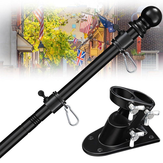 cogardenshower House Flag Pole Kit - 5ft Tangle Free Flag Pole Holder for Outside House - Heavy Duty Stainless Steel Flag Poles for 3x5 Flags Outdoor,Metal Porch Flagpole with Bracket - Black