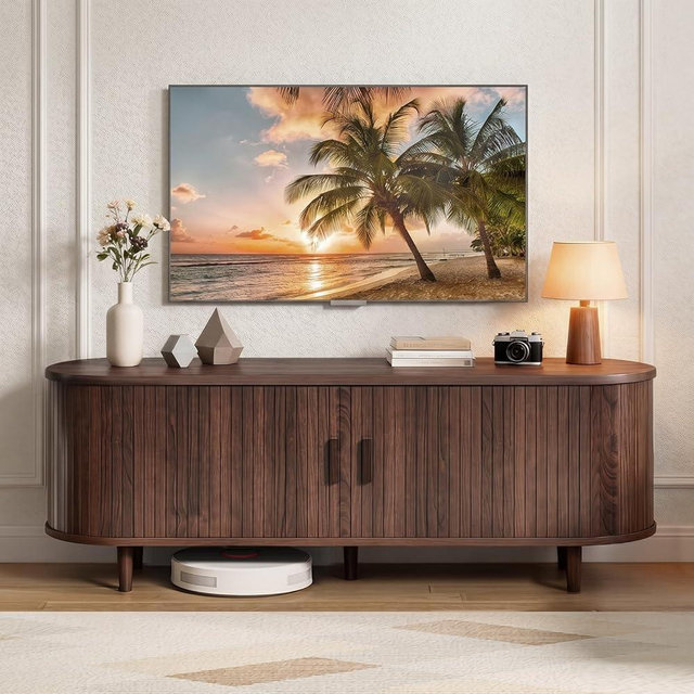 MXV 58" Mid-Century Modern TV Stand with Sliding Doors, TV Consoles with Power Outlet, Fluted Entertainment Center with Adjustable Shelves for Living Room