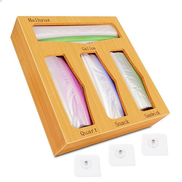 Halhyuz Ziplock Bag Storage Organizer - Plastic Bag Organizer for Drawer or Wall Mount, Bamboo Kitchen Food Storage Bag Organizer for Sandwich,Quart,Gallon & Snack Variety Size Bag (1 Box 4 Slots)