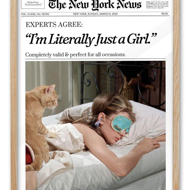EcoHest Trendy Newspaper Audrey Hepburn Magazine Framed Wall Art, 12x16 in OAK Wood I‘m Literally Just a Girl Canvas Wall Art Home Decor, Beige Retro Set of 1 For Bedroom Living Room