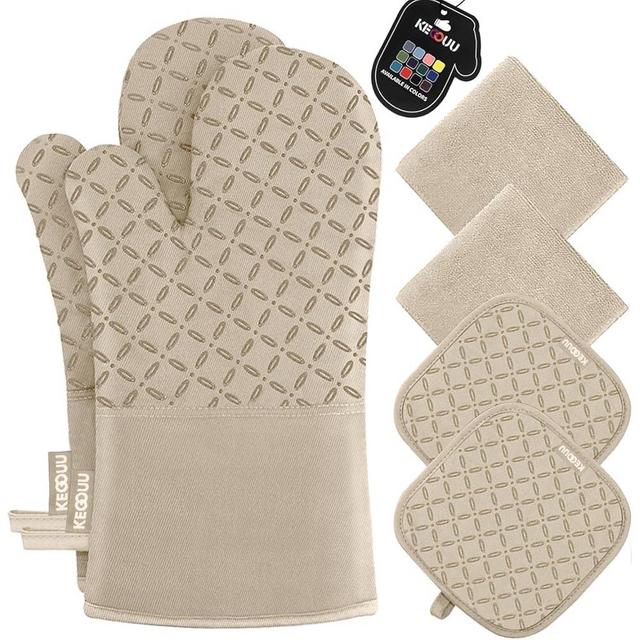 KEGOUU Oven Mitts and Pot Holders 6pcs Set, Kitchen Oven Glove High Heat Resistant 500 Degree Extra Long Oven Mitts and Potholder with Non-Slip Silicone Surface for Cooking (Almond)