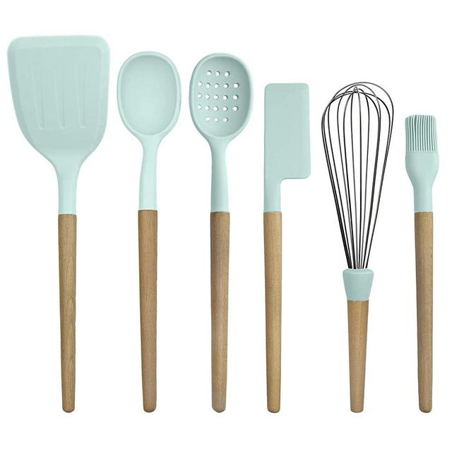 Country Kitchen 6 pc Non Stick Silicone Utensil Baking Set with Rounded Wooden Handles for Cooking and Baking - Mint Green