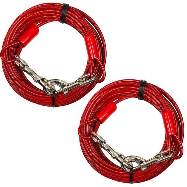 BV Dog Tie Out Cable 30 Feet - Heavy Duty Dog Lead Up to 125 Pounds - Reflective & Rust-Free with Quick Release Swivel Clips & 360° Rotating Clasp - Tangle-Free Dogs Runner for Yard (Red, Pair)