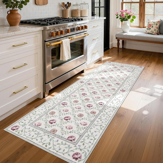 GarveeHome Runner Rug for Hallways Beige 2x6 Kitchen Rug, Non Slip Washable Vintage Floral Runners Soft Low Pile Botanical Print Stain Resistance Long Carpet for Entryway Bedroom