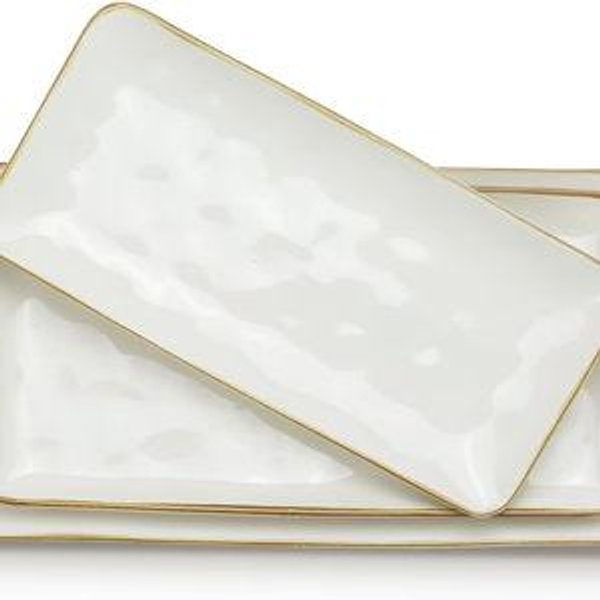 Famiware Serving Platter, Rectangular 15.67/14.1/12.6inch Serving Dishes for Entertaining, Microwave Dishwasher Safe, Stoneware Serving Trays for Party, Turkey, Cheese, Ocean Series, Vanilla White