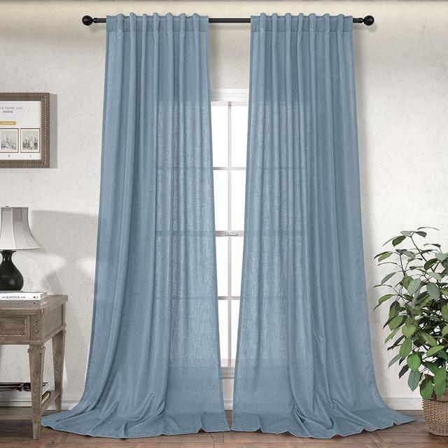 Light Blue Curtains 90 Inches Long for Bedroom 2 Panel Back Tab Rod Pocket French Country Farmhouse Home Decor Flax Linen Semi Sheer Dusty Blue Curtain for Living Room Bay Window Stone Blue Gray 52x90