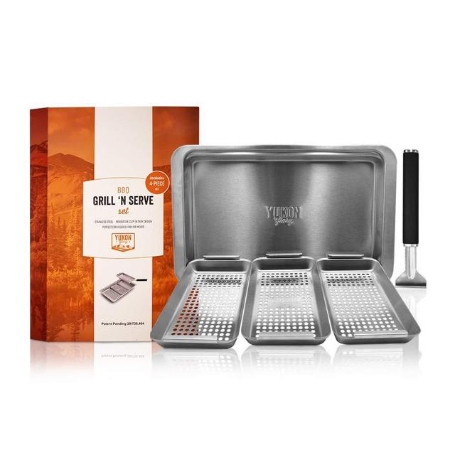 Yukon Glory Grill 'n' Serve BBQ Basket Set, Revolutionary Grill to Table Design, Includes 3 BBQ Baskets, Serving Tray + Universal Clip-on Handle. Patent Pending.