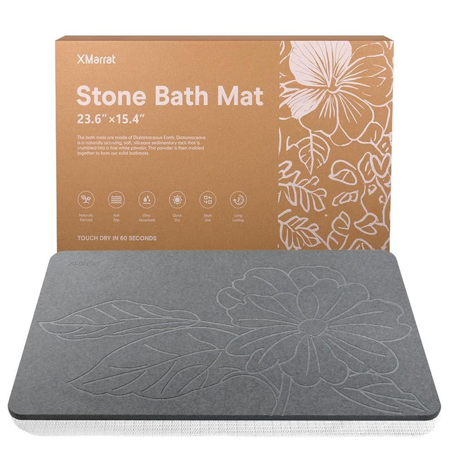 XMarrat Stone Bath Mat Large, 23.6'' x 15.4'' Diatomaceous Earth Non-Slip Stone Shower Mat, Super Absorbent Diatomite Stone Mats for Bathroom, Quick Drying, Easy to Clean (Dark Gray)