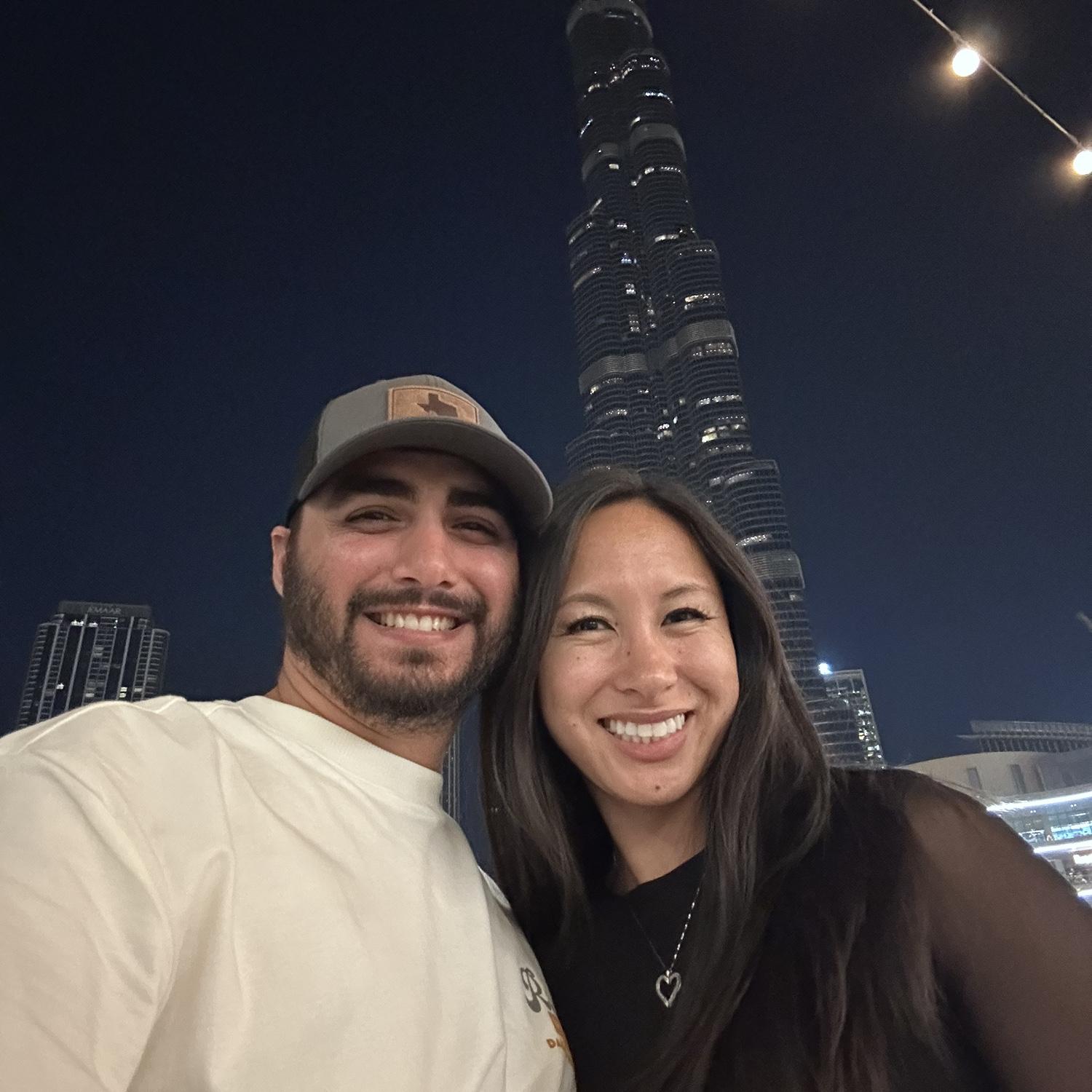 living life in Dubai with the Burj Khalifa in the back