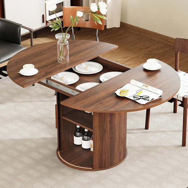 weselon 43"-59" Extendable Round to Oval Dining Table with Hidden Storage, Modern Wooden Kitchen Table with Fluted Sliding Door Cabinet, Expandable Dinner Table for Dining Room Living Room (Walnut)