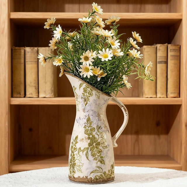 Vintage Ceramic Pitcher Vase with Handle, Farmhouse Green and Purple Large Floral Vases, French Country Decorative Vase, Rustic Table Centerpiece for Home Decor, Bookshelf, Office 10.5 Inch
