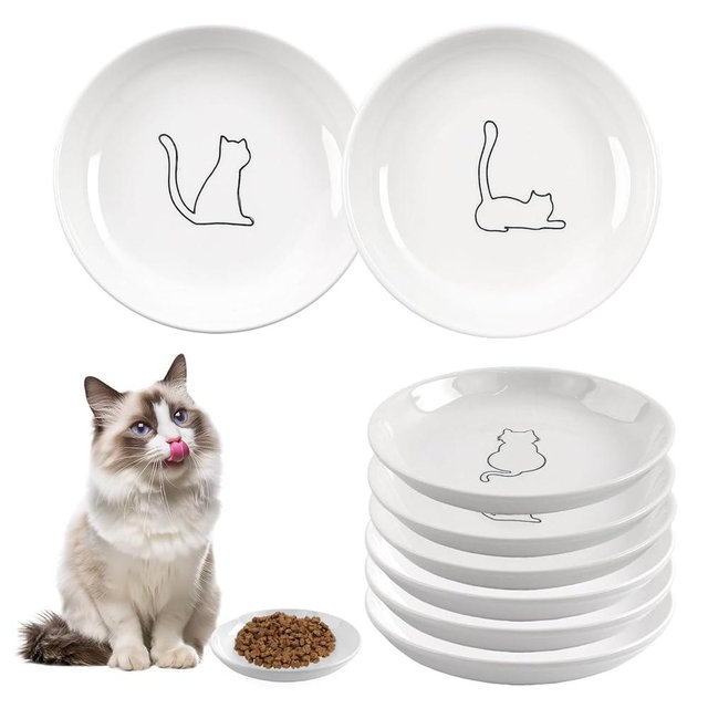 6 Pack Cat Food Bowl, Ceramic Cat Bowls, Anti Whisker Fatigue Cats Bowl Set,5.5 Inches Shallow Wide Kitten Plates for Food and Water