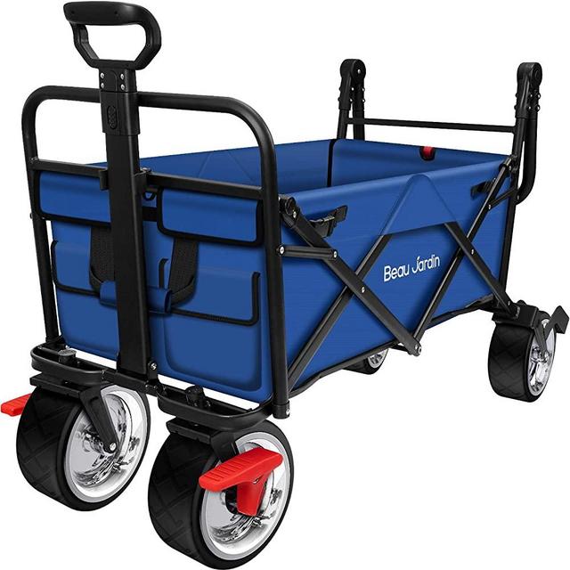 BEAU JARDIN Folding Wagon Cart with Brakes Free Standing Collapsible Utility Camping Grocery Canvas Fabric Sturdy Portable Rolling Buggies Outdoor Garden Sport HeavyDuty Shopping Cart Push Wagon Blue
