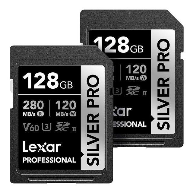 Lexar 128GB (2-PK) Professional SILVER PRO SD Card, UHS-II, C10, U3, V60, Full HD, 4K, Up To 280MB/s Read SDXC Memory Card, for Professional Photographer, Videographer, Enthusiast (LSDSIPR128G-B2NNU)