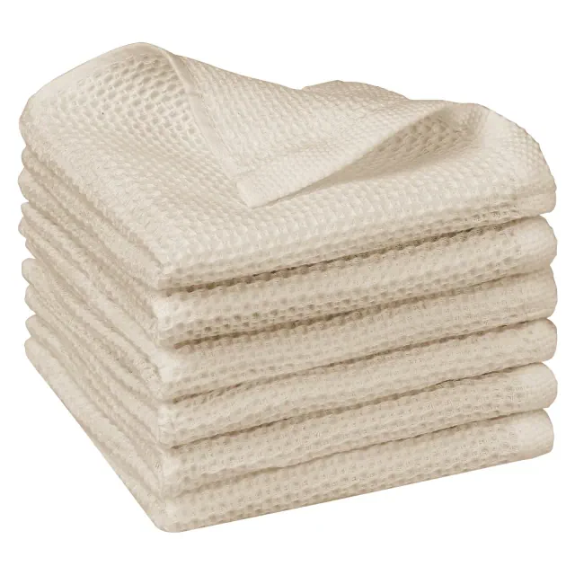 Unique Bargains Cotton Double-Sided Waffle Weave Absorbent Kitchen Towels 6 Pcs Beige 14" x 14"