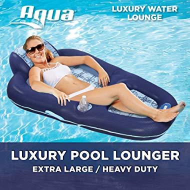 AQUA Luxury Water Lounge, X-Large, Inflatable Pool Float with Headrest, Backrest & Footrest, Navy/Light Blue