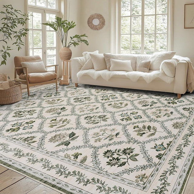 Olive Green Area Rug for Living Room 5x7 Decor Green Floral Area Rugs for Bedroom Dining Room Machine Washable Boho Vintage Farmhouse Floral Carpet, Olive Hunter Green and Beige Cream