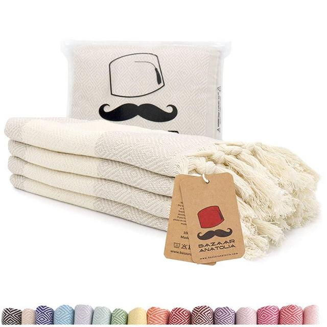 Bazaar Anatolia Turkish Hand Towel Set of 4 Diamond Peshtemal Towel 100% Cotton 45x20 Light Weight Thin Quick Dry Hand Hair Gym Face Bath Tea Kitchen Dishcloth Set Decorative Bathroom Towel (Cream)