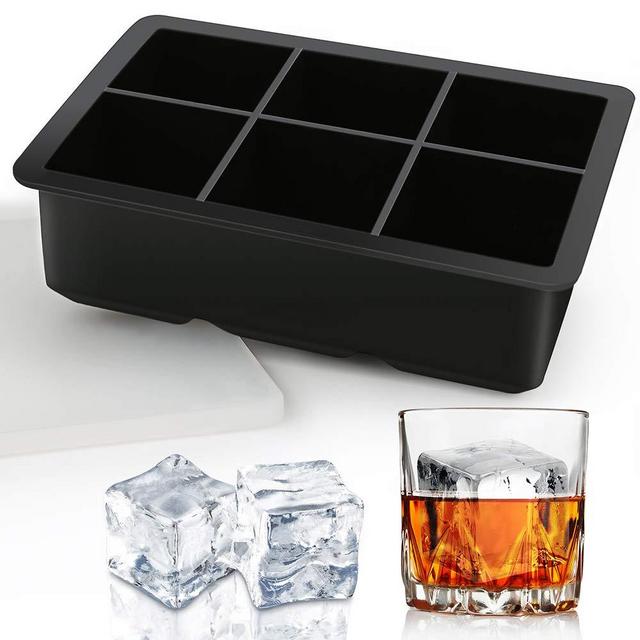 Silicone Ice Cube Tray With Lids, Easy Release Large Size 2" Cubes BPA-Free Ice Trays of 6 Cavities, Spill-Resistant Ice Cube Mold for Whiskey, Spirits, Cocktail & Drinks (Black)