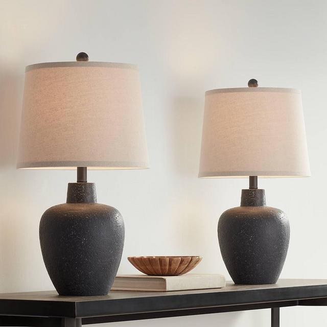360 Lighting Romeo 23 1/2" High Jar Small Modern Coastal Accent Table Lamps Set of 2 Stone Gray Finish Fabric Beige Shade Living Room Bedroom Bedside Nightstand House Office Home Reading Kitchen