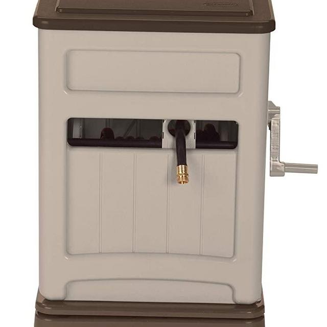 Suncast Resin Swivel Hose Hideaway and Storage Bin with Hose Guide - Durable Outdoor Automatic Hose Storage Reel with Swivel Base, Crank Handle, Lid, Slide Trak Hose Guide, and Storage - 225' Hose Capacity - Mocha and Taupe