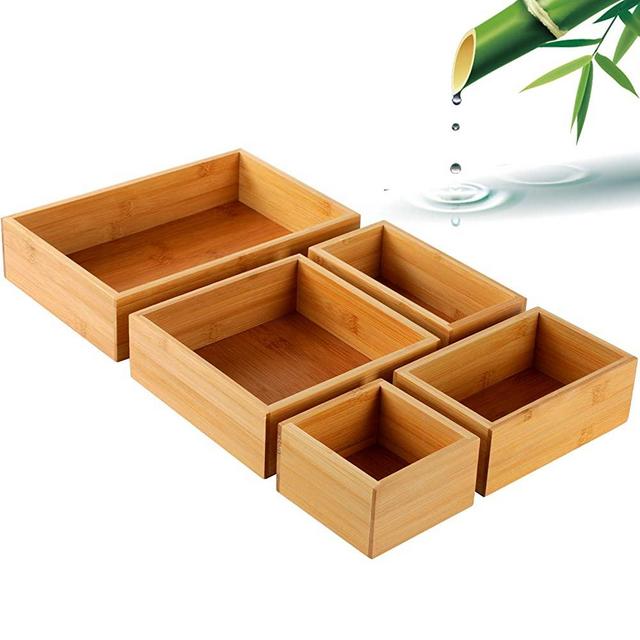 5-Piece Bamboo Drawer Organizer Set, Multi-use Storage Box Set, Varied Sizes Junk Drawer Organizer for Office, Home, Kitchen, Bedroom, Bathroom by Pipishell