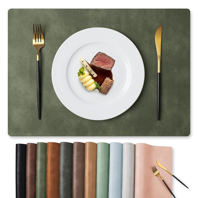 MOSAYT Vinyl Placemats Set of 8-12 X 17 Inch - Faux Leather 100% Waterproof Oil-Proof Wipeable PU Place Mats, Heat Resistant Reversible Table Mats for Kitchen, Dining, Outdoor (Olive Green)