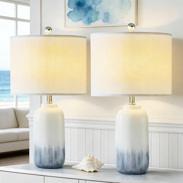 HIGHTRY 24" Blue Ceramic Table Lamps Set of 2, Modern Coastal Blue Bedside Nightstand Lamp for Living Room, 3 Way Dimmable End Table Lamps for Bedroom Office