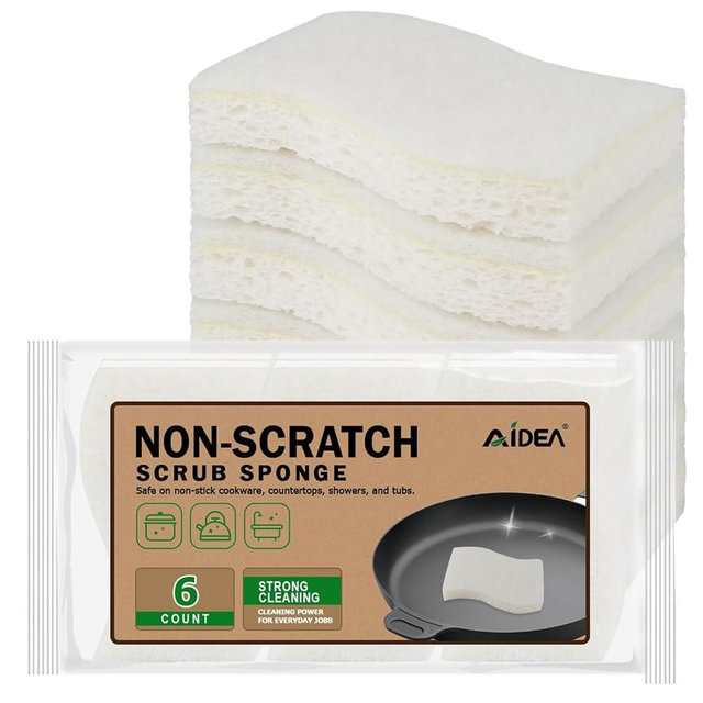 AIDEA Non-Scratch Scrub Sponge-6Count, Sponges Kitchen, Natural Sponge for Non-Stick Cookware, Cellulose Sponges for Dishes, Cleaning Power for Kitchen, Bathroom, Household