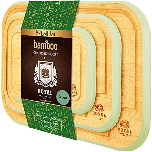 Bamboo Cutting Board with Juice Groove (3-Piece Set) - Best Kitchen Chopping Board for Meat (Butcher Block) Cheese and Vegetables (Green)