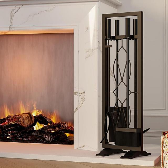 Fire Beauty Fireplace Tools Set 5 Pieces Fireside Accessories Fire Kit Stand Woodstove Tools Holder Wrought Iron Handle Indoor Fireset Stand