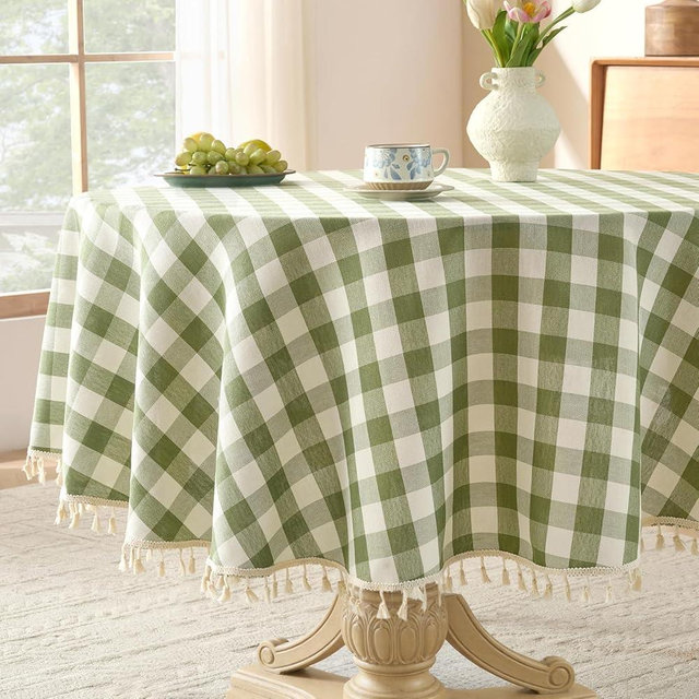 Softalker Outdoor Checkered Tablecloth 70 x 70 Inch Round, Spring Summer Linen Cotton Gingham Table Cloth with Tassel, Heavy Duty Wrinkle Free Buffalo Plaid Table Cover for Picnic Camping - Sage