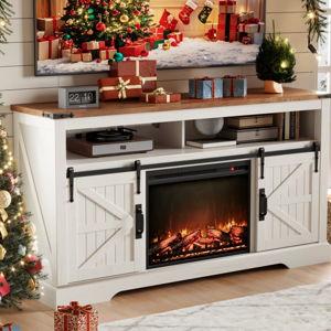 Farmhouse Fireplace Tv Stand For Tvs Up To 70'', Wood Entertainment Center With Electric Fireplace & Timer - Antique White