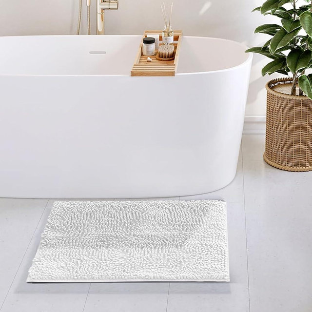 Hearth & Harbor Bathroom Rugs, Chenille Bath Mat - Machine Washable Bath Mats for Bathroom Non-Slip Backing Rubber, Quick Dry Bathroom Mat - Off-White Bath Rug, 17x24