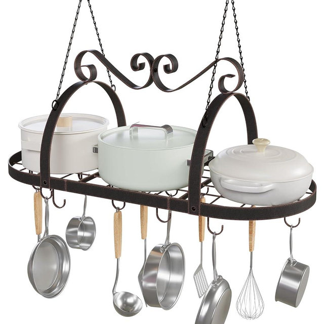 TICKCACY Hanging Pot Rack Ceiling Mount, 33" Metal Ceiling Pan Hanging Rack with 15 S Hooks, Oval Pot and Pan Storage Rack, Decorative Vintage Brown Pot Hangers for Kitchen Organize Utensils Cookware
